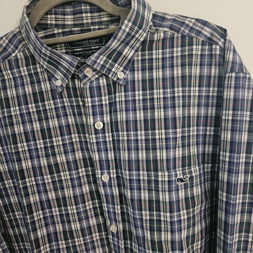 Vineyard Vines Men's XLarge Blue Button Down Long Sleeve Slim Fit Plaid‎ XL
